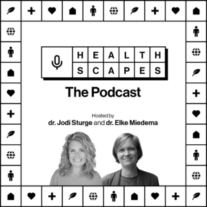 Healthscape podcast cover image with Jodi and elk their upper bodies and faces.