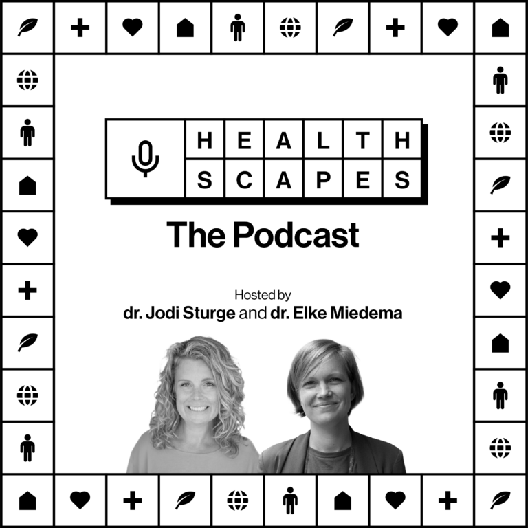Healthscape podcast cover image with Jodi and elk their upper bodies and faces.
